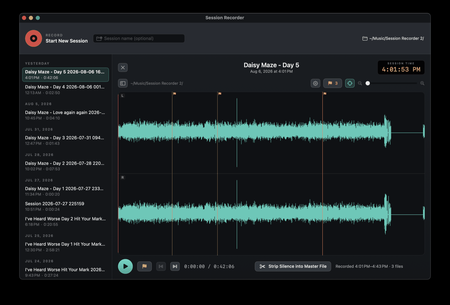 The main window: transport deck on top, session sidebar and waveform review below.