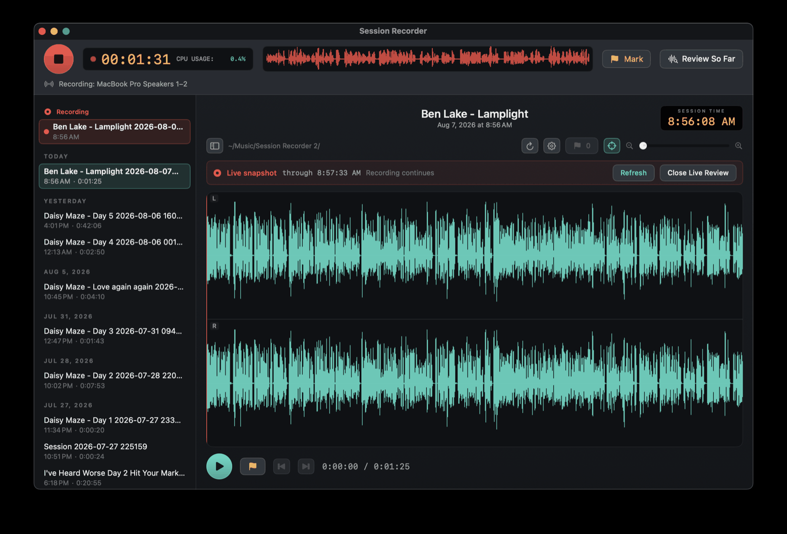 Reviewing the live session while recording continues.